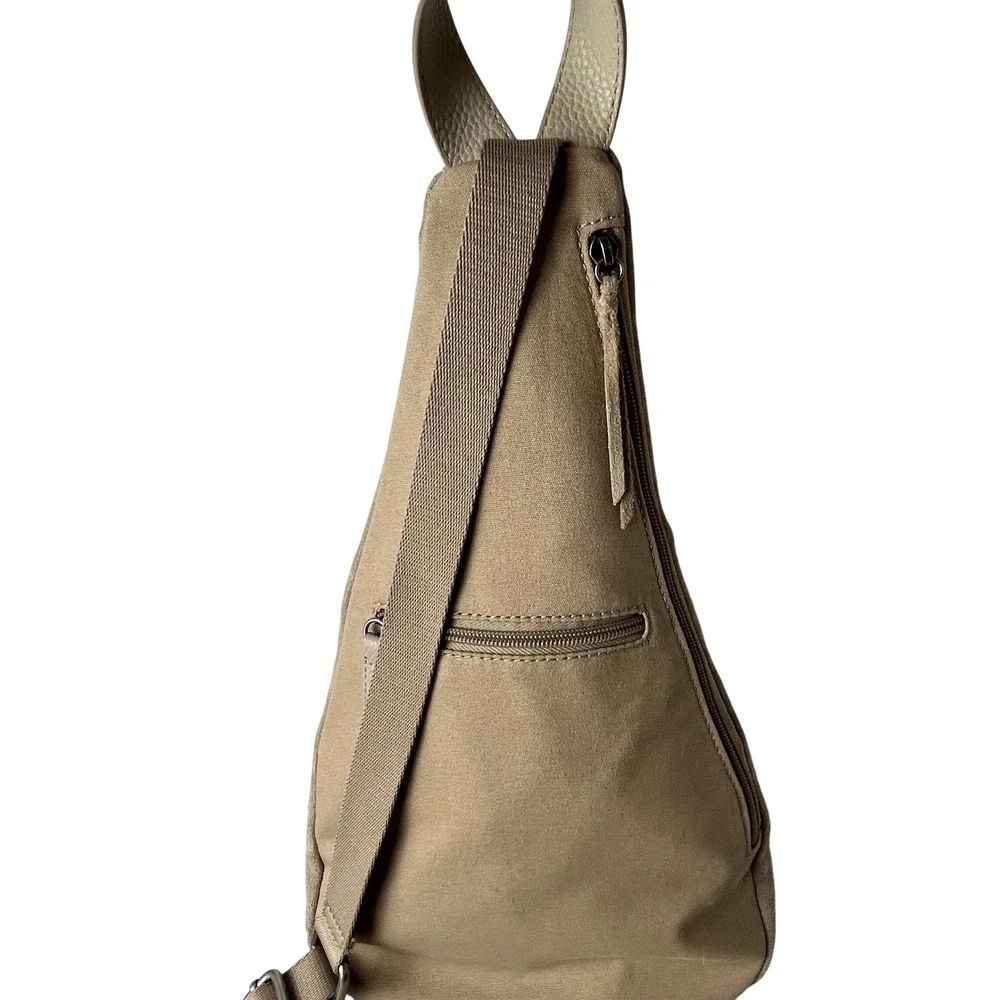 The Sak Leather Suede Sling Backpack Taupe Slouchy Zip Crossbody Bag